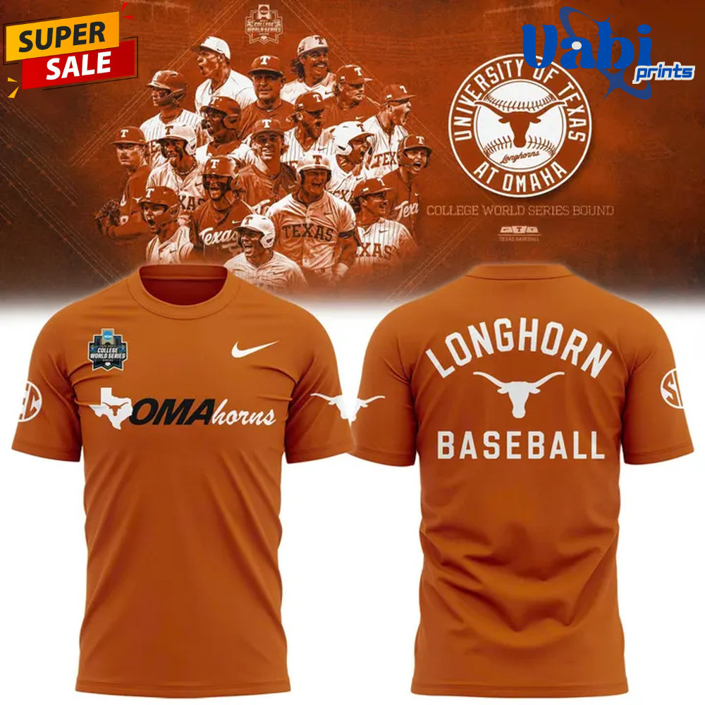 Texas Longhorns 2026 NCAA Baseball Men’s College World Series Omaha 3D T-Shirt Texas Longhorns 2026 NCAA Baseball Men’s College World Series Omaha 3D T-Shirt