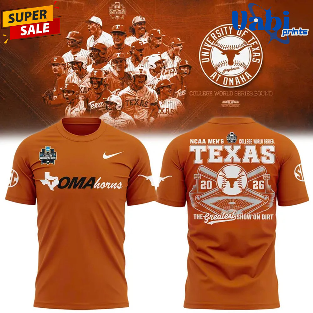Texas Longhorns 2026 NCAA Baseball Men’s College World Series Omaha 3D T-Shirt Texas Longhorns 2026 NCAA Baseball Men’s College World Series Omaha 3D T-Shirt