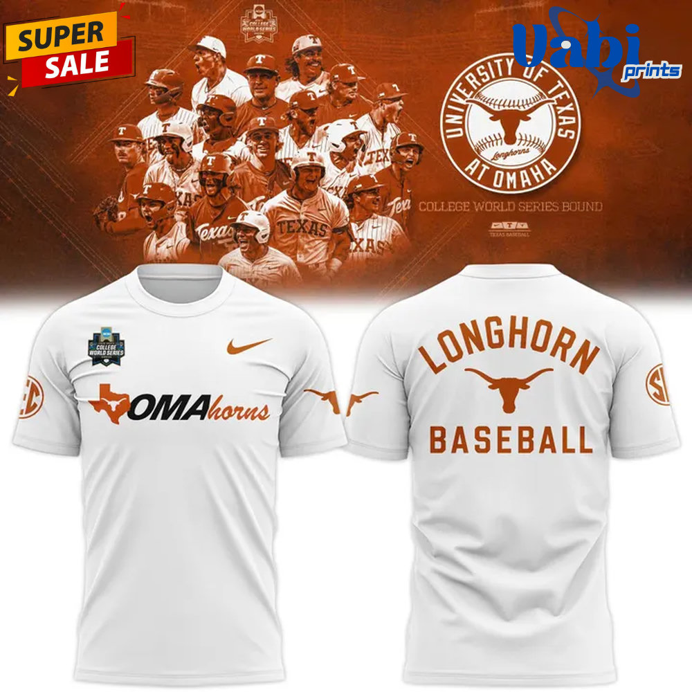 Texas Longhorns 2026 NCAA Baseball Men’s College World Series Omaha 3D T-Shirt Texas Longhorns 2026 NCAA Baseball Men’s College World Series Omaha 3D T-Shirt